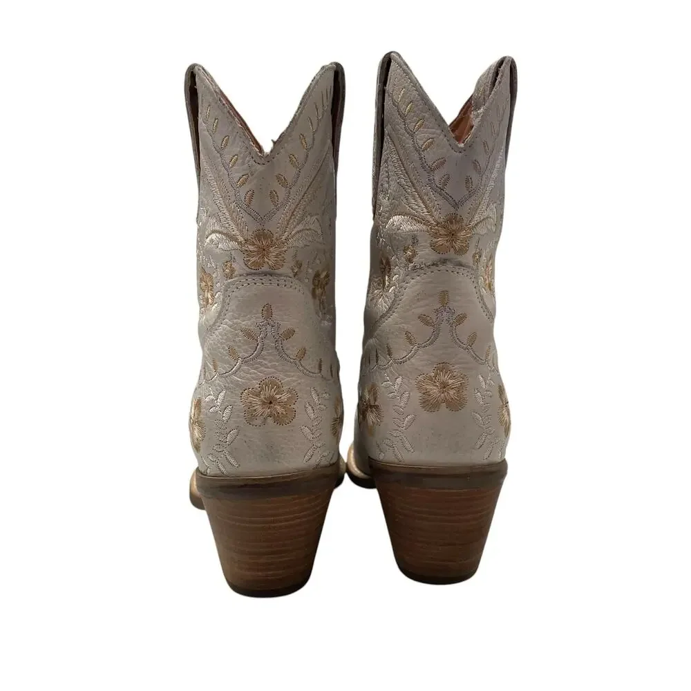 Dingo Primrose Western Bootie White Leather Floral Embroidered Womens Size 8